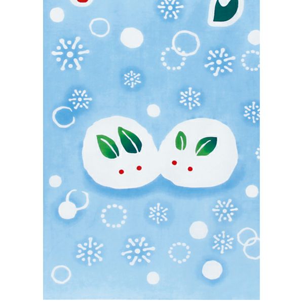 雪の降り積もったナンテンと仲良く寄り添った雪うさぎがかわいい手ぬぐい 雪うさぎと南天
