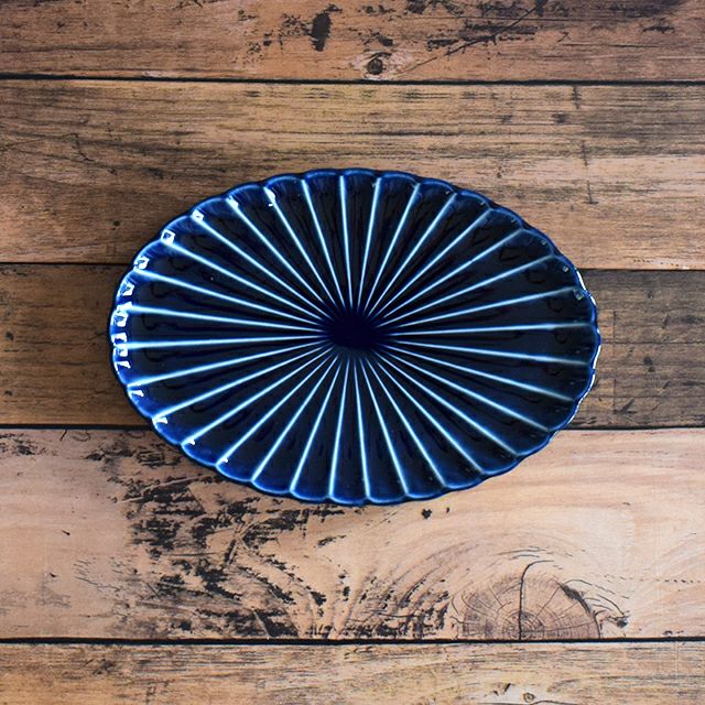 ぎやまん陶 楕円焼物皿 ナス紺ブルー