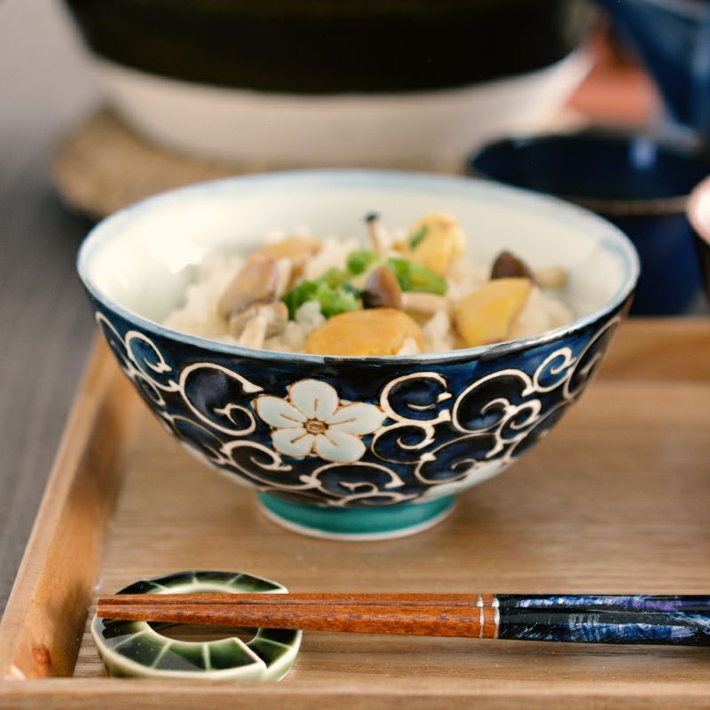 Amazon｜西海陶器 波佐見焼 龍庵窯 お茶碗 飯碗 大 唐草桔梗 青