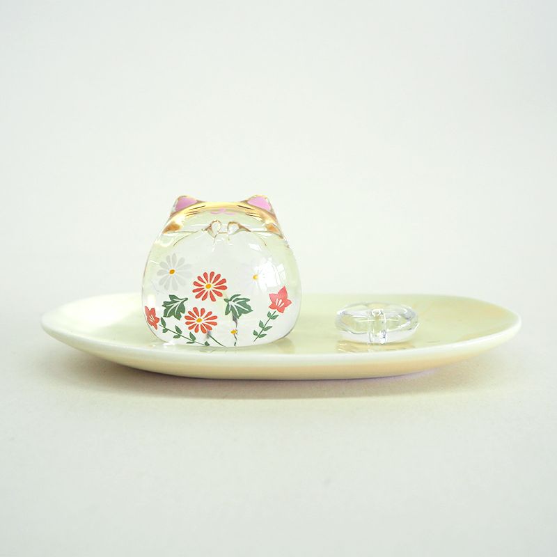 ガラス製の猫ちゃん、香立、陶器皿のセットです