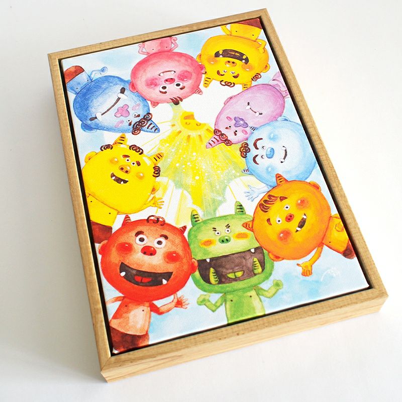 イラストレーターすずき まみさんが描く鬼っ子達のイラストを高解像度キャンバス印刷し、額にしました