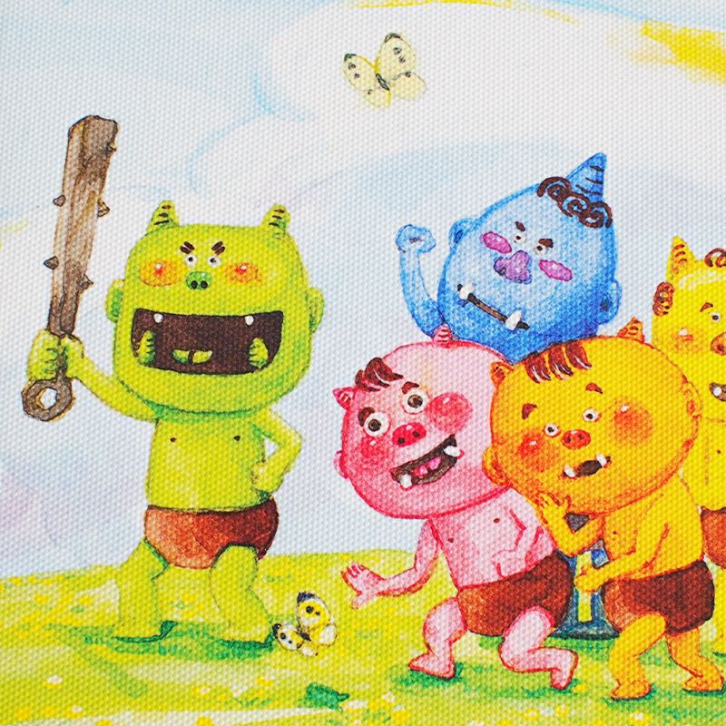 喜助が見つけたちょうちょを皆で追いかけているようなイラストです